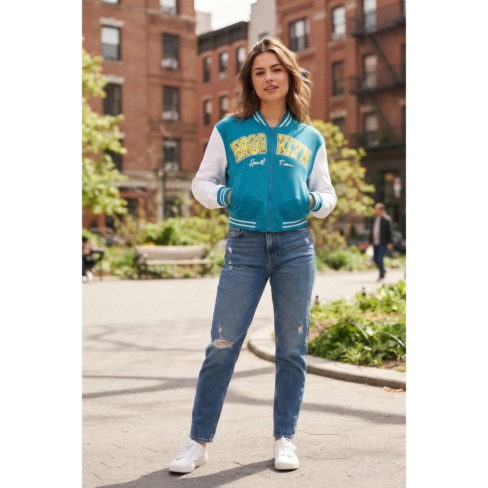 New Look Brooklyn Sport Team Varsity Bomber Jacket Teal Blue White Size M